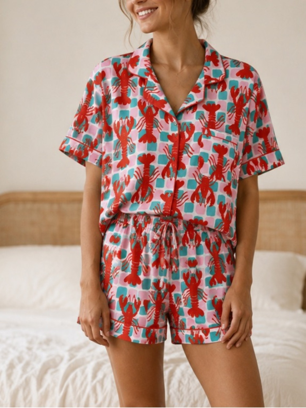 Bouffant’s and Broken Hearts Lobster Print Short Pajama Set